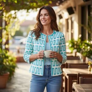 Doncaster Jacket Linen Blend Embroidered Blazer White Turquoise Sz 6 Boho Chic